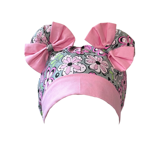 Flower Power ScruBunz – Featuring Pretty Pink Floral Scrub Cap for Nurses with Soft Gray Bakground
