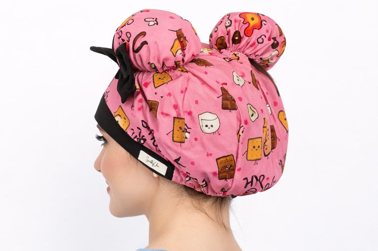 S’more Fun ScruBunz – Featuring Cute S’mores Marshmallow, Chocolate, and Graham Crackers Scrub Cap for Nurse with Kawaii Faces and Pink Background