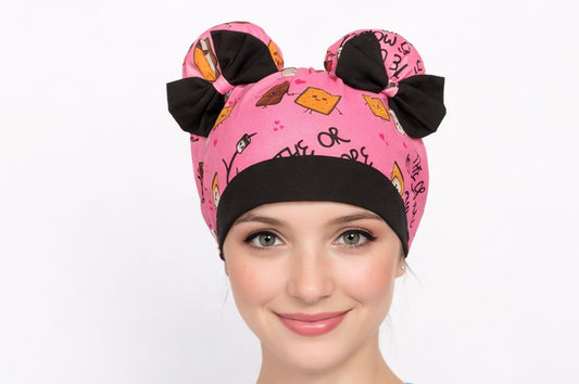 S’more Fun ScruBunz – Featuring Cute S’mores Marshmallow, Chocolate, and Graham Crackers Scrub Cap for Nurse with Kawaii Faces and Pink Background