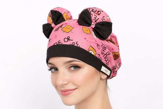 S’more Fun ScruBunz – Featuring Cute S’mores Marshmallow, Chocolate, and Graham Crackers Scrub Cap for Nurse with Kawaii Faces and Pink Background