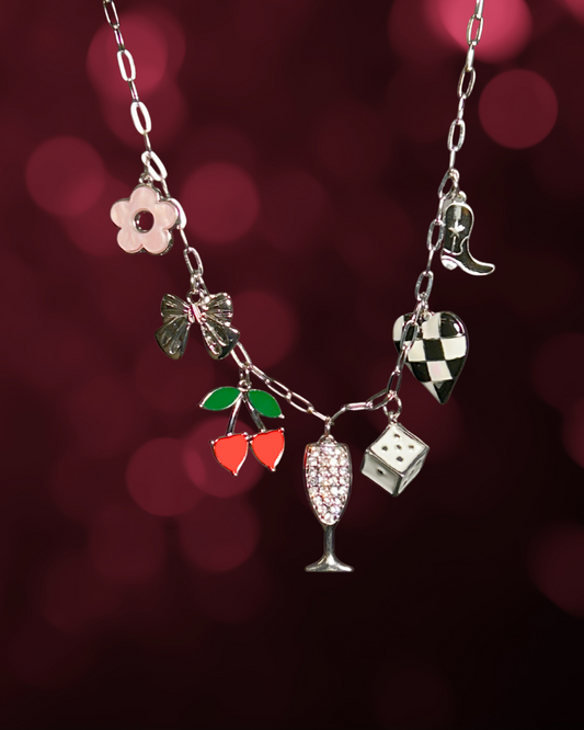 Champagne Multi Charm Necklace (silver toned)