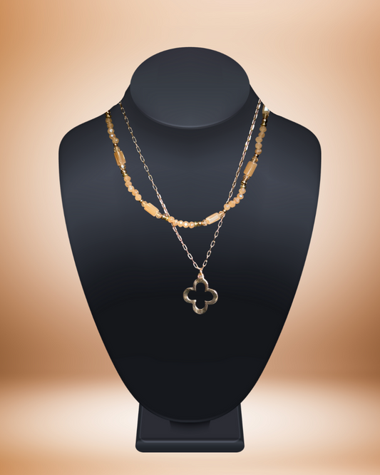 Layered Clover Pendant Necklace (gold toned & beige pearlescent)