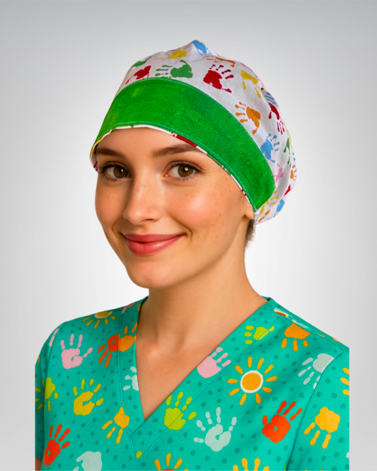 European style traditional scrub cap with white background, multicolor mini handprints, and green accents