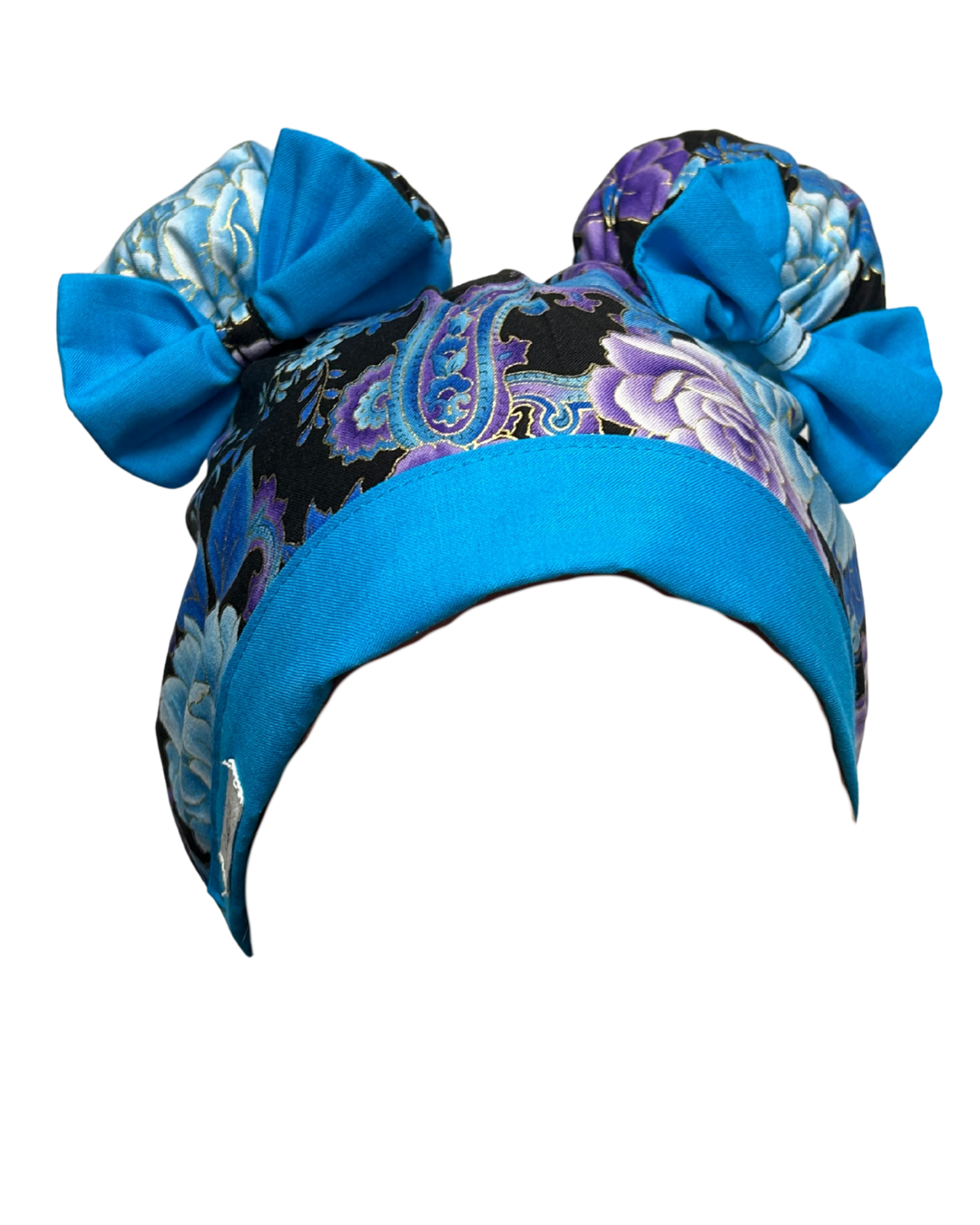 Blue Cotton Paisley ScruBunz - featuring purple & blue flowers on black background