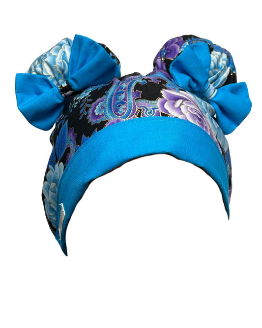 Blue Cotton Paisley ScruBunz - featuring purple & blue flowers on black background