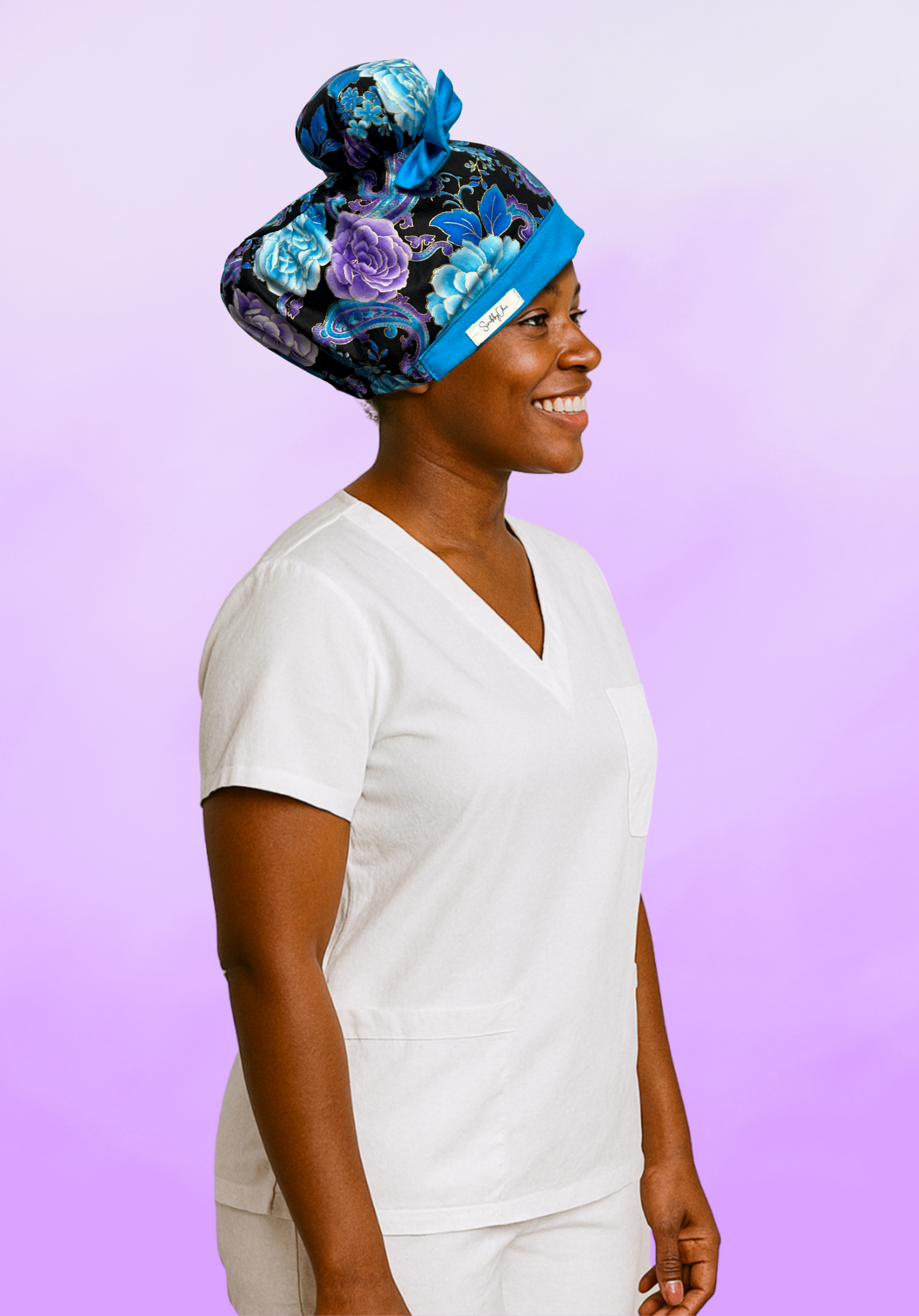 Blue Cotton Paisley ScruBunz - featuring purple & blue flowers on black background