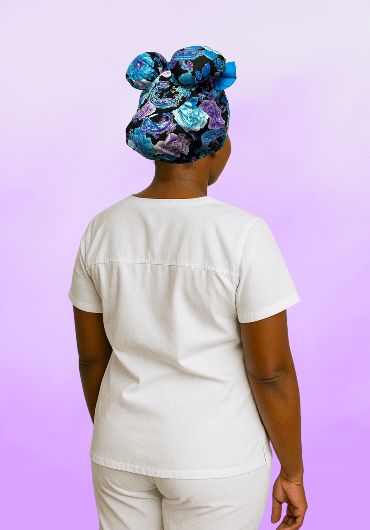 Blue Cotton Paisley ScruBunz - featuring purple & blue flowers on black background