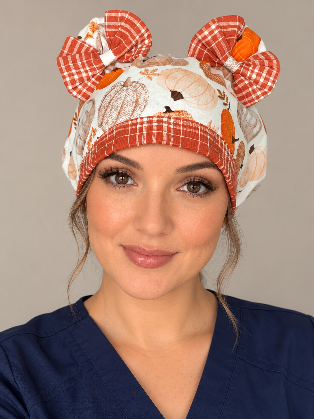 Pumpkin Spice & Everything Nice ScruBunz – Fall Pumpkin Scrub Cap with Plaid Bows