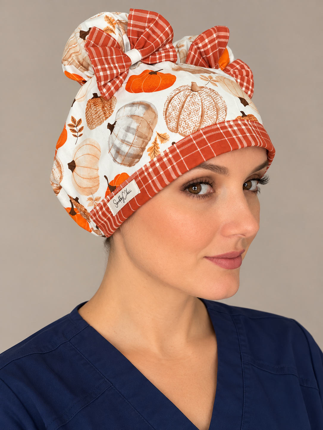 Pumpkin Spice & Everything Nice ScruBunz – Fall Pumpkin Scrub Cap with Plaid Bows