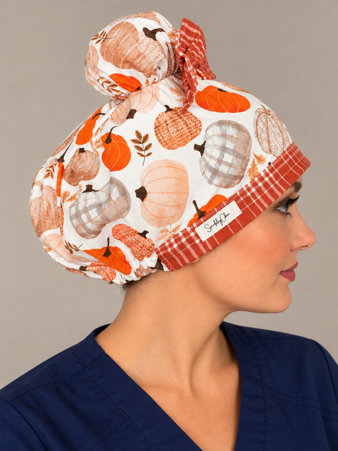 Pumpkin Spice & Everything Nice ScruBunz – Fall Pumpkin Scrub Cap with Plaid Bows