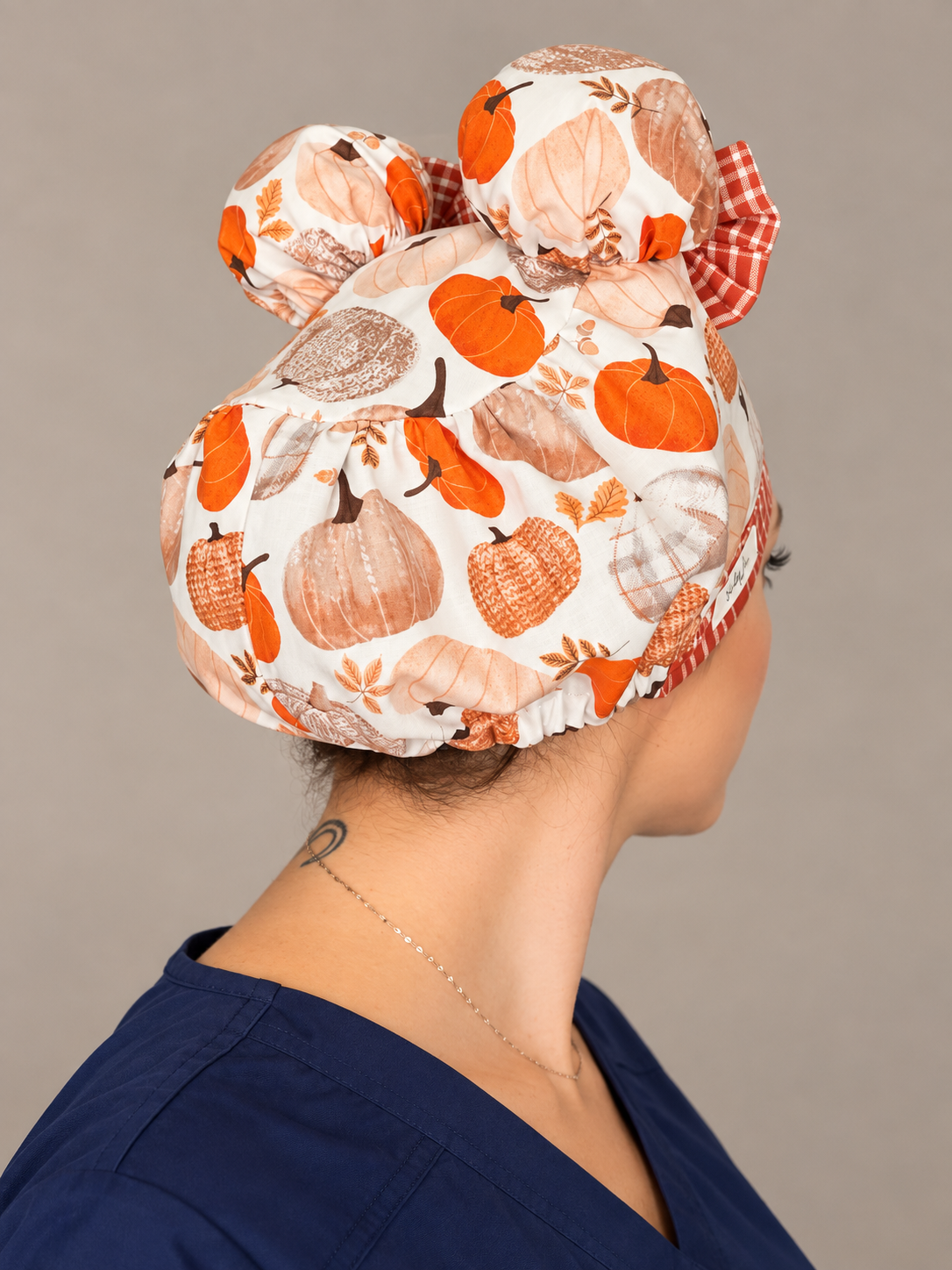 Pumpkin Spice & Everything Nice ScruBunz – Fall Pumpkin Scrub Cap with Plaid Bows