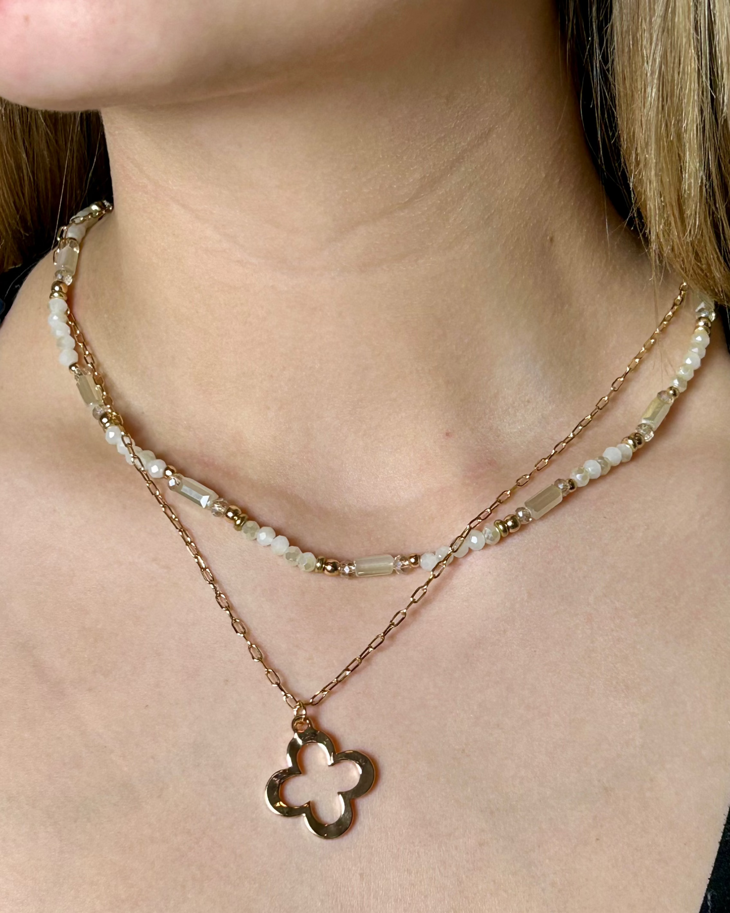 Layered Clover Pendant Necklace (gold toned & white pearlescent)