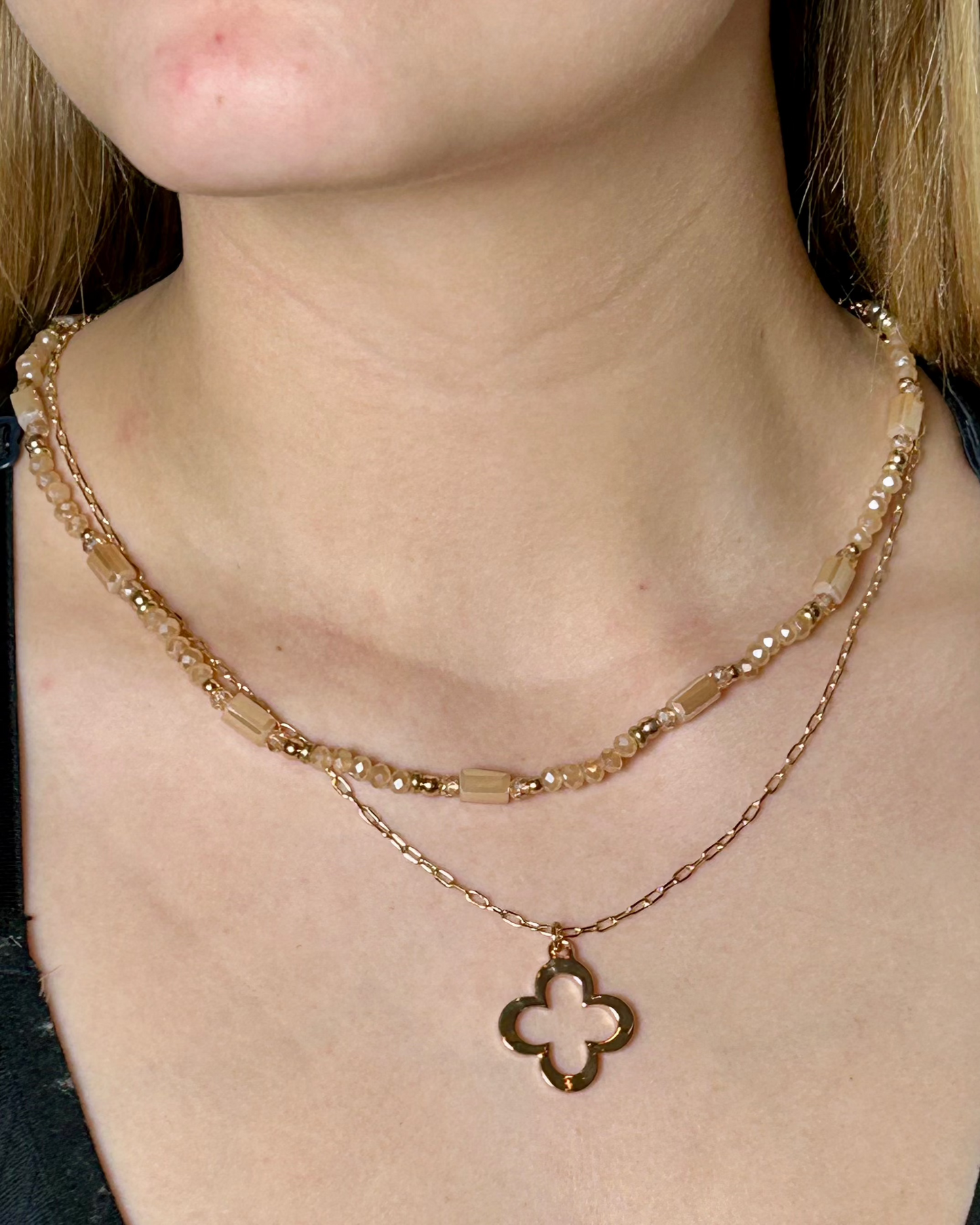 Layered Clover Pendant Necklace (gold toned & beige pearlescent)
