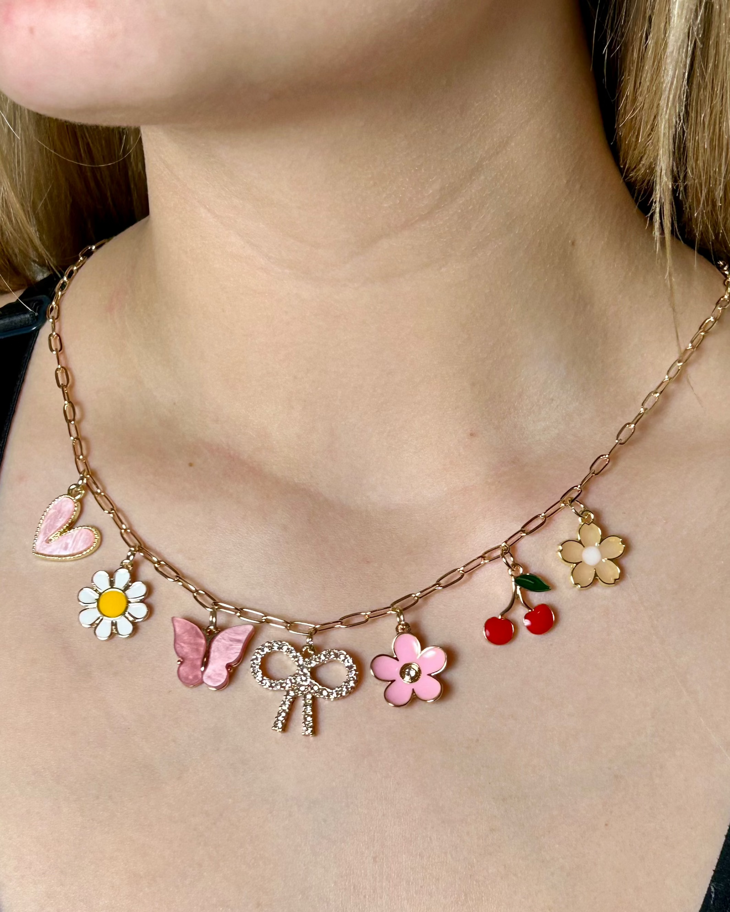 Bow Multi Charm Necklace (gold toned)