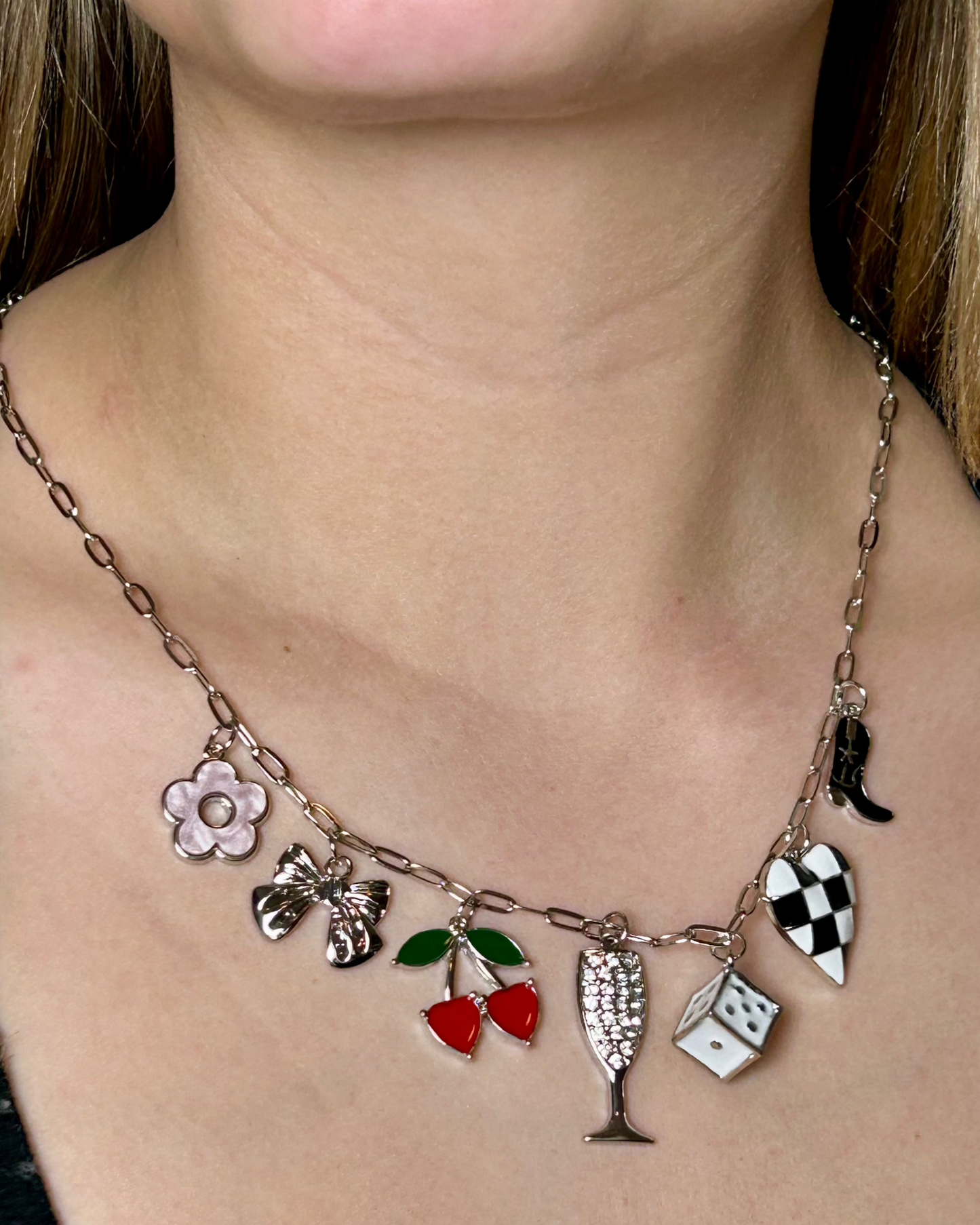 Champagne Multi Charm Necklace (silver toned)