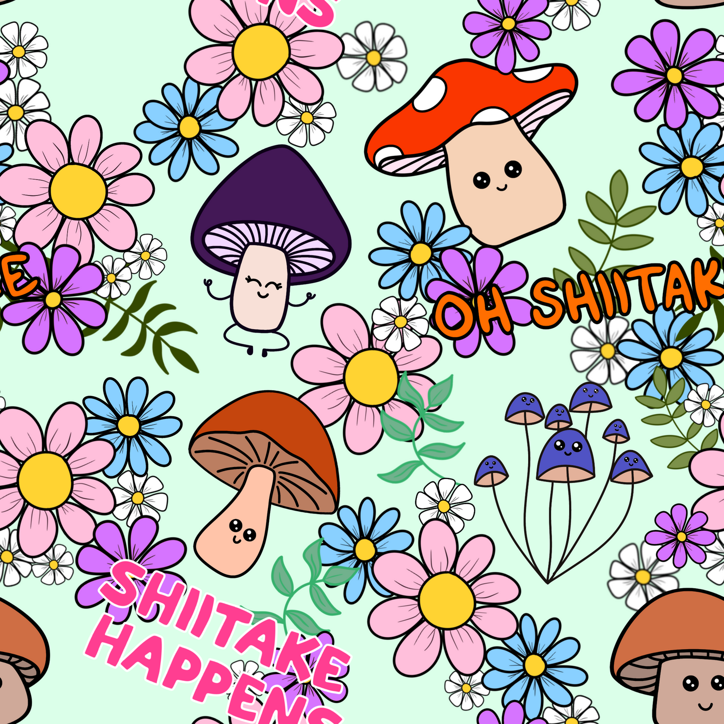 Shiitake Happens ScruBunz – Funny Mushroom & Floral Double Bun Scrub Cap for Nurses with Retro Flowers and Whimsical Garden Print