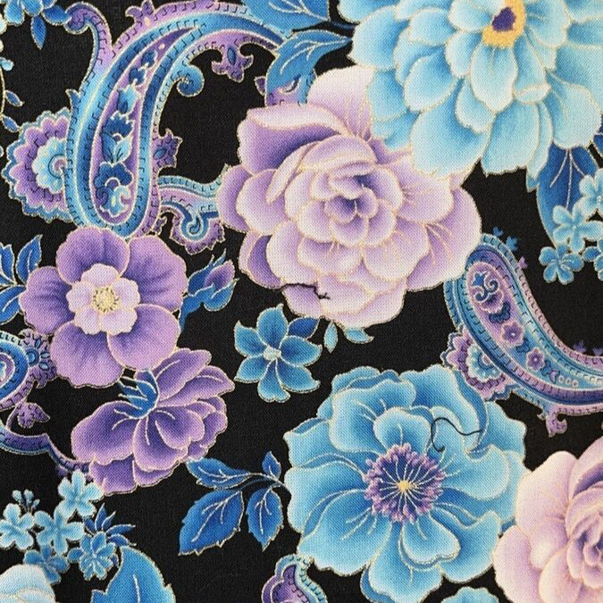 Blue Cotton Paisley ScruBunz - featuring purple & blue flowers on black background
