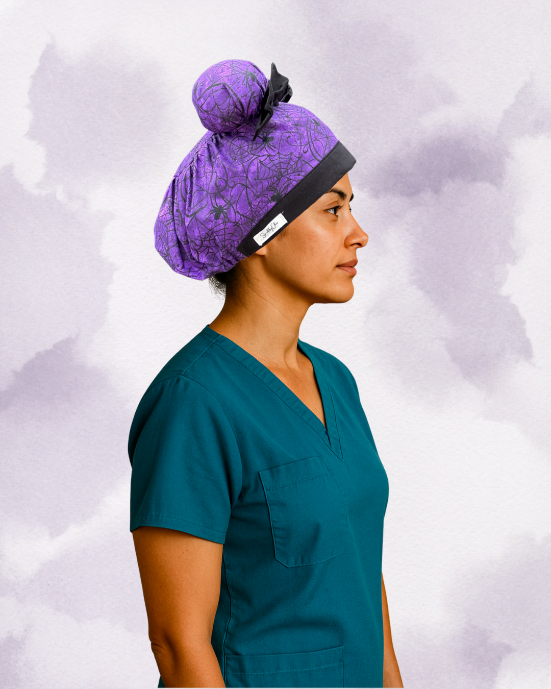 Spider Glam ScruBunz – Featuring Purple Halloween Vibes Scrub Cap for Nurses with Spooky Spiders and Webs
