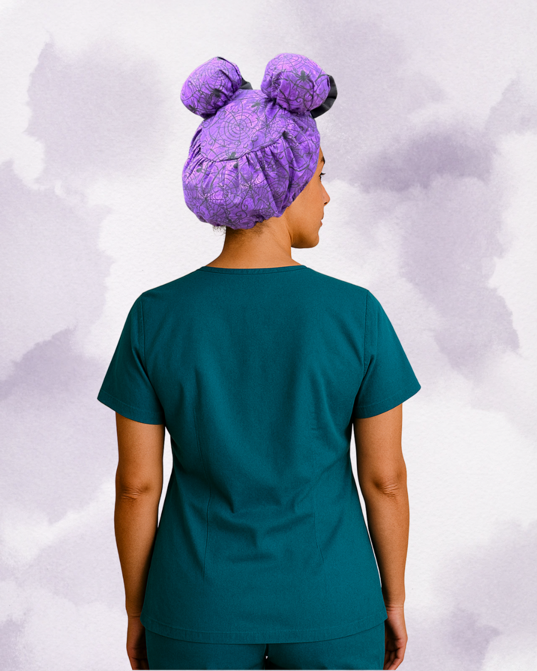 Spider Glam ScruBunz – Featuring Purple Halloween Vibes Scrub Cap for Nurses with Spooky Spiders and Webs
