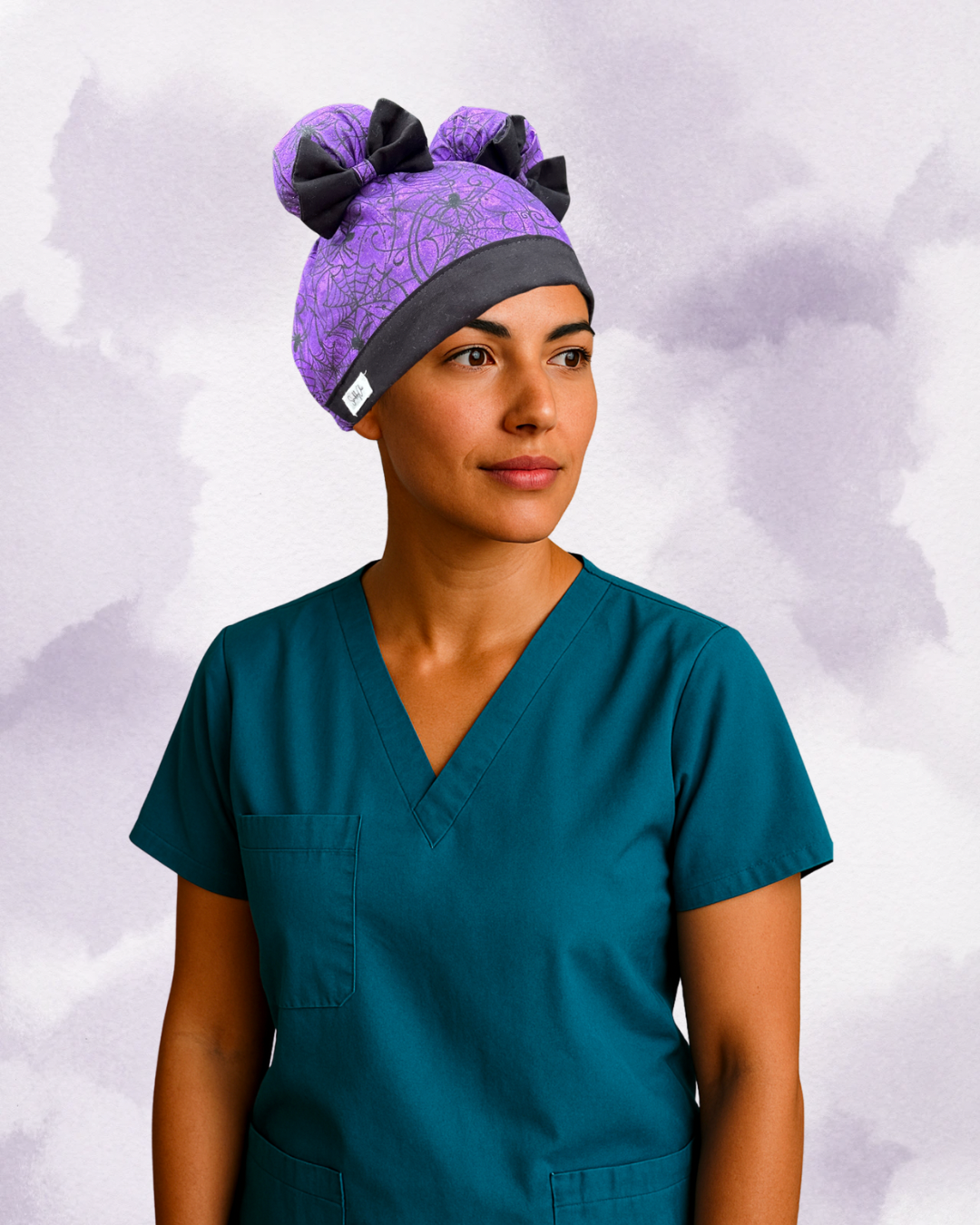Spider Glam ScruBunz – Featuring Purple Halloween Vibes Scrub Cap for Nurses with Spooky Spiders and Webs