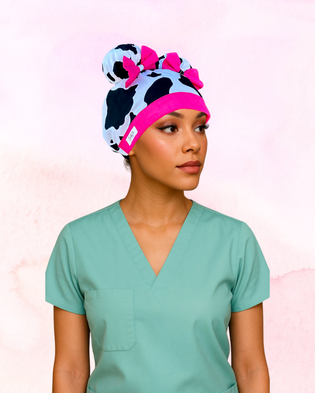 Udderly Glam ScruBunz – Handmade Cow Print Scrub Cap with Hot Pink Bows for Nurses