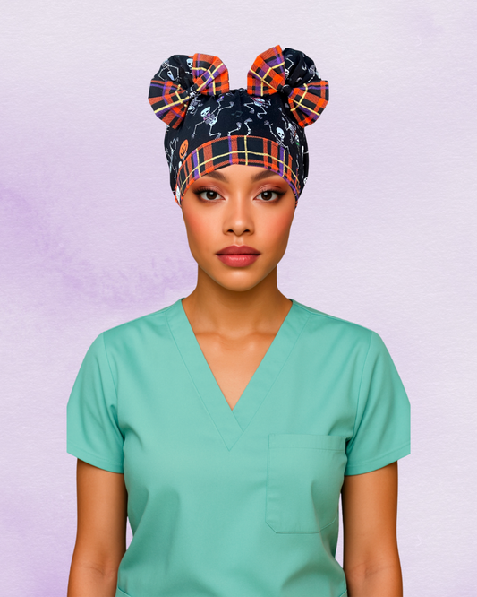 Bone Dance ScruBunz – Handmade Halloween Scrub Cap for Nurses with Dancing Skeletons, Pumpkins & Plaid Bows