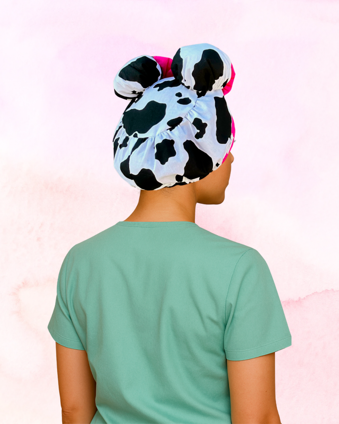 Udderly Glam ScruBunz – Handmade Cow Print Scrub Cap with Hot Pink Bows for Nurses