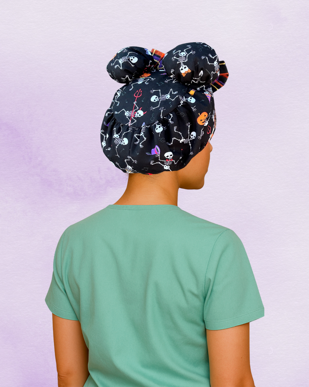 Bone Dance ScruBunz – Handmade Halloween Scrub Cap for Nurses with Dancing Skeletons, Pumpkins & Plaid Bows