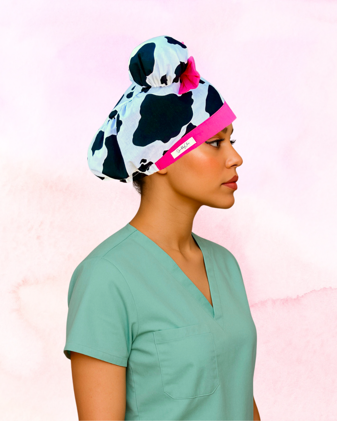 Udderly Glam ScruBunz – Handmade Cow Print Scrub Cap with Hot Pink Bows for Nurses