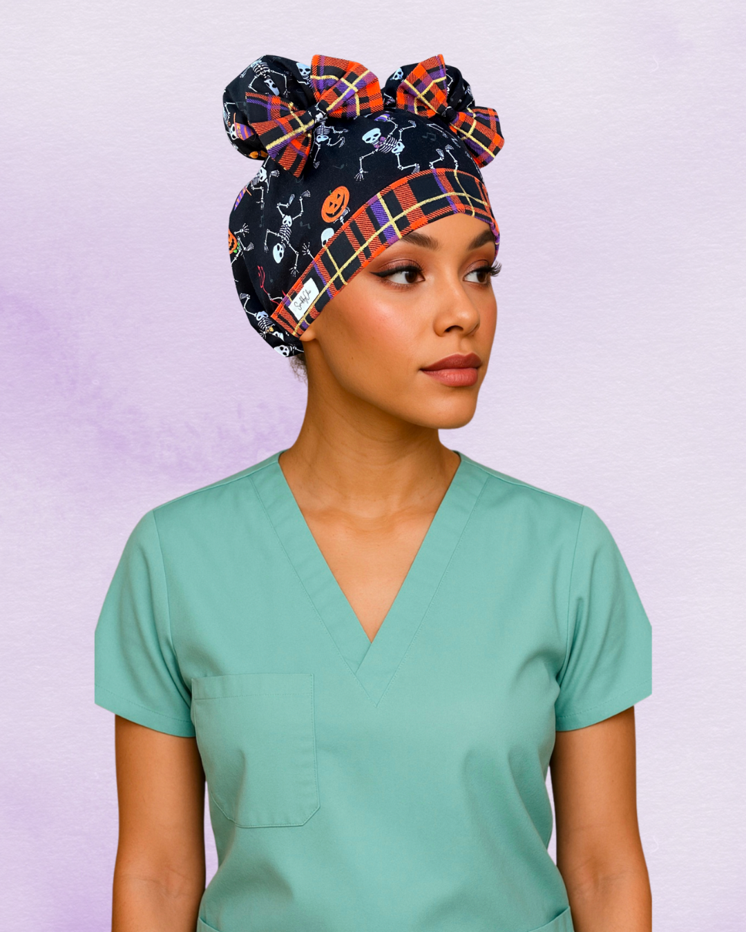 Bone Dance ScruBunz – Handmade Halloween Scrub Cap for Nurses with Dancing Skeletons, Pumpkins & Plaid Bows