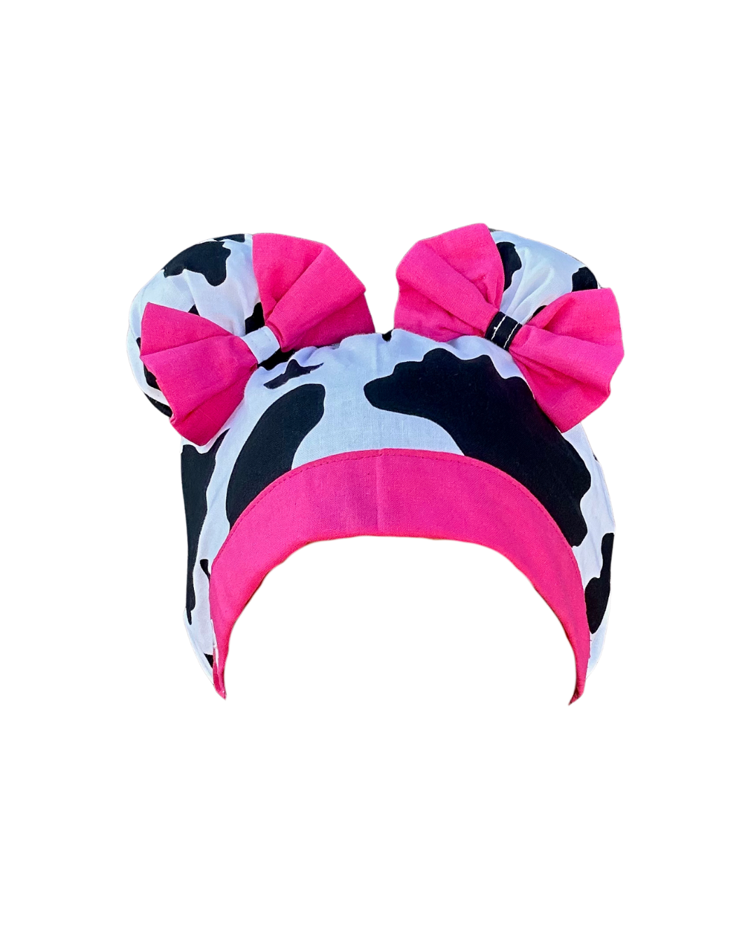 Udderly Glam ScruBunz – Handmade Cow Print Scrub Cap with Hot Pink Bows for Nurses
