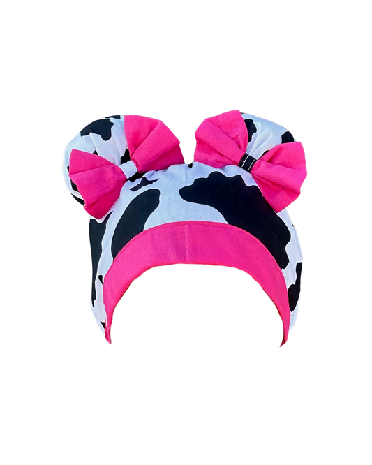 Udderly Glam ScruBunz – Handmade Cow Print Scrub Cap with Hot Pink Bows for Nurses