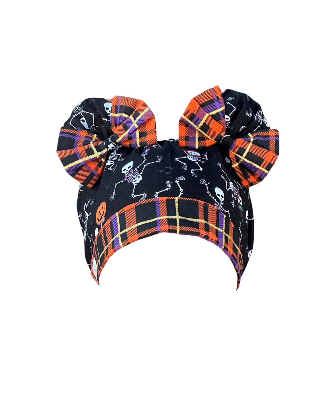 Bone Dance ScruBunz – Handmade Halloween Scrub Cap for Nurses with Dancing Skeletons, Pumpkins & Plaid Bows
