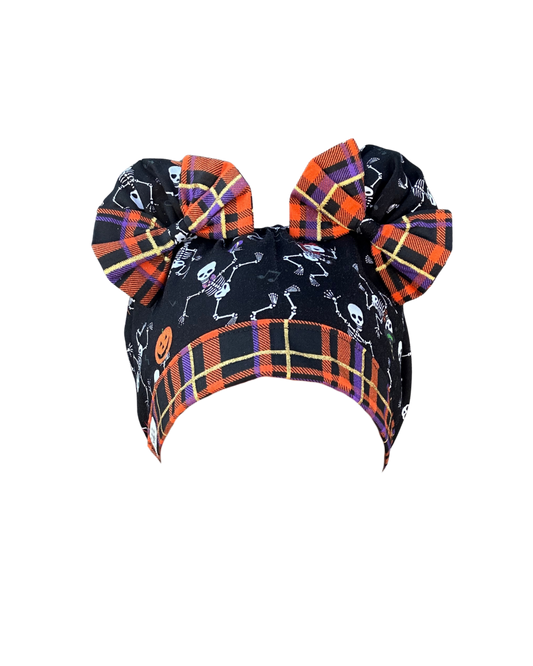 Bone Dance ScruBunz – Handmade Halloween Scrub Cap for Nurses with Dancing Skeletons, Pumpkins & Plaid Bows