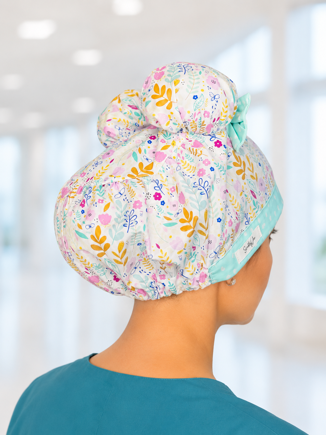 Mint to Be ScruBunz – Floral Double Bun Scrub Cap for Nurses with Mint Bow Detail