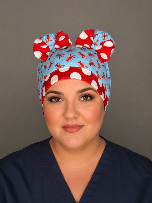 Lobster Lover ScruBunz – Coastal Cutie Scrub Cap for Nurses with Signature Double Space Buns