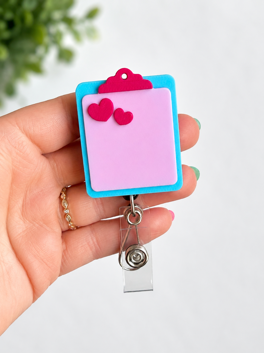 Pastel Heart Clipboard Badge Reel – Heavy Duty Retractable Nurse ID Holder in Pink & Blue