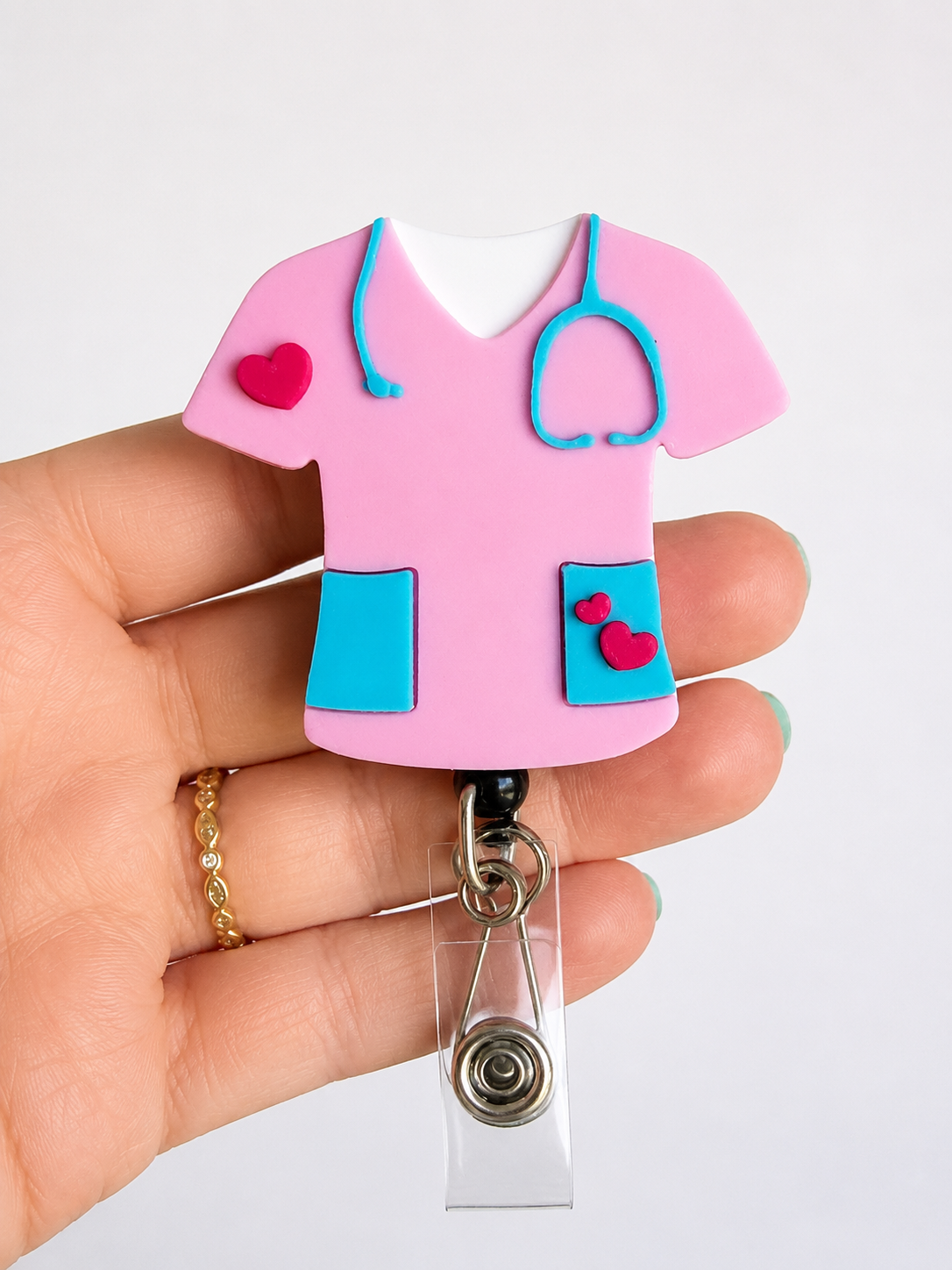Pink Scrub Top Badge Reel – Heavy Duty Nurse Badge Holder with Stethoscope & Heart Details