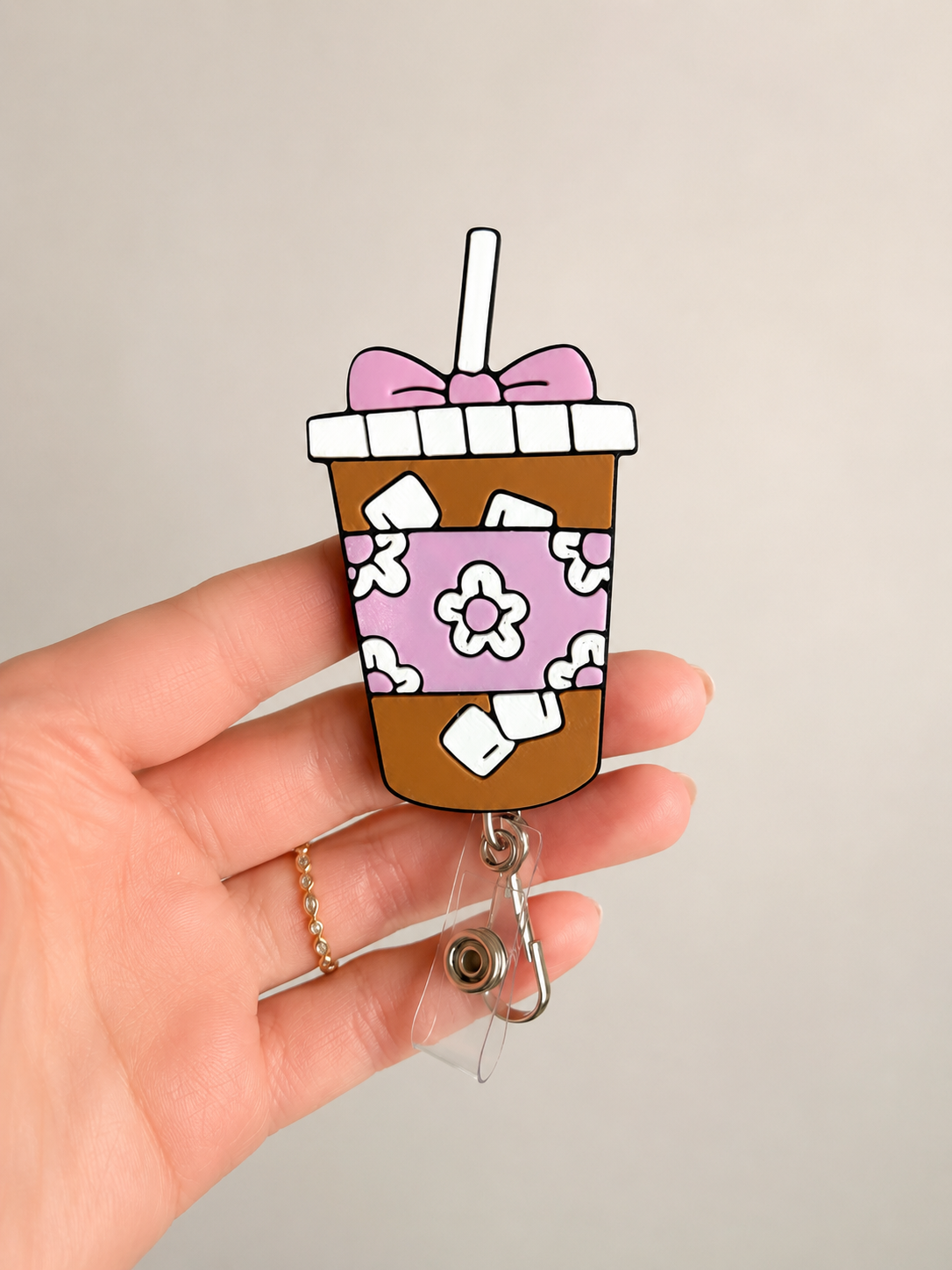 Pink Iced Coffee Badge Reel – Heavy Duty Retractable Nurse Badge Holder with Floral Sleeve & Bow