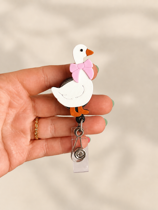 Cute Goose Badge Reel – Heavy Duty Metal Retractable ID Holder with Pink Bow for Nurses & Healthcare Workers